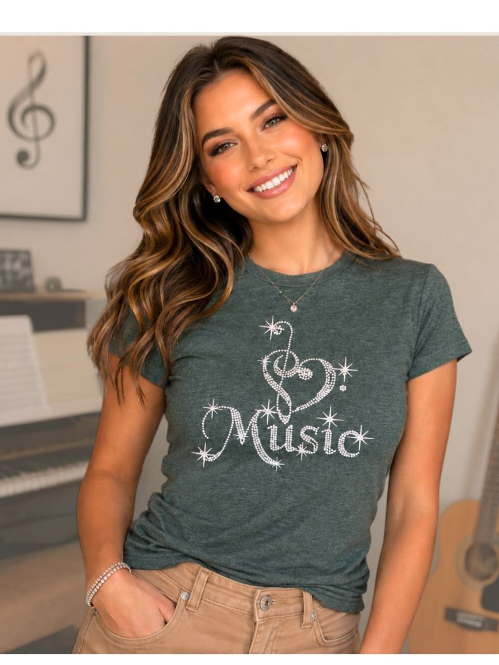 Sparkle Music Womens S Green Treble Clef Heart Tee Music Lover Shirt